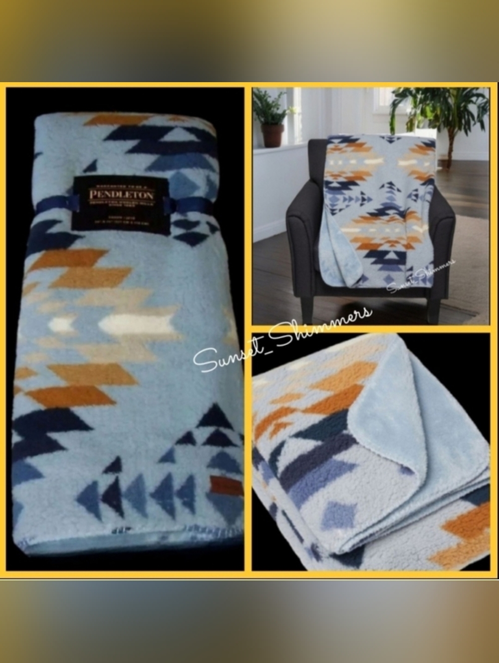 PENDLETON Plush Sherpa Fleece Aztec Southwest Boho Throw BLANKET 50x70 Blue Tan